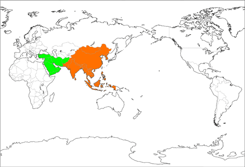 赤が狭義のアジア、緑が中東アジア