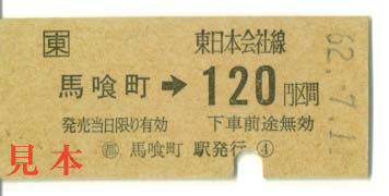 B型硬券: JR東日本・馬喰町→120円区間