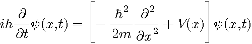 正準量子化(CCR)のシュレーディンガー表現を組み込んだ(時間に依存する)シュレーディンガー方程式. ただしV(x)はポテンシャル関数