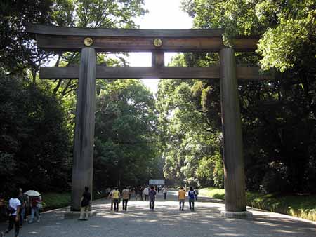 入口の鳥居と、その先に続く森