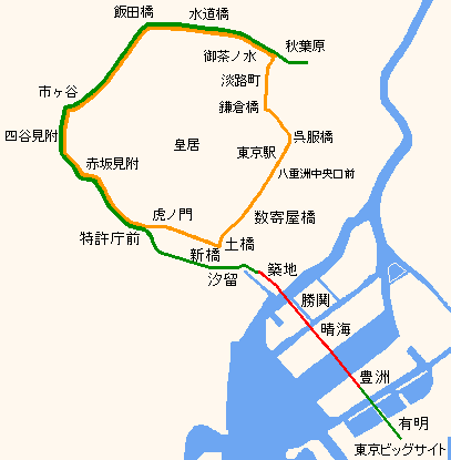 橙が外堀通り、緑が現道、赤が建設中あるいは計画中(変更の可能性あり)