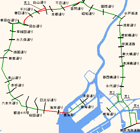 緑が現道、赤が建設中・計画中の道路