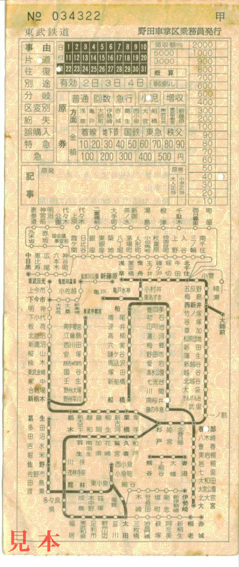 車内補充券: 東武鉄道野田線。
