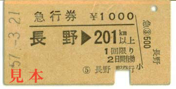 急行券: 旧国鉄、長野から201km以上。 1982(昭和57)年3月21日