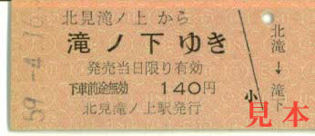 一般式乗車券: 旧国鉄・北見滝ノ上から滝ノ下ゆき(北海道、渚滑線、現 廃止)。 1984(昭和59)年4月16日