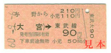 連絡乗車券: 与野→大宮→90円区間。