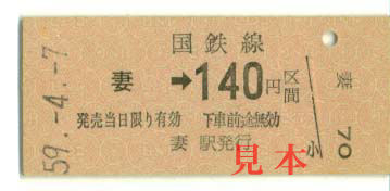 金額式乗車券: 旧国鉄、妻→140円
